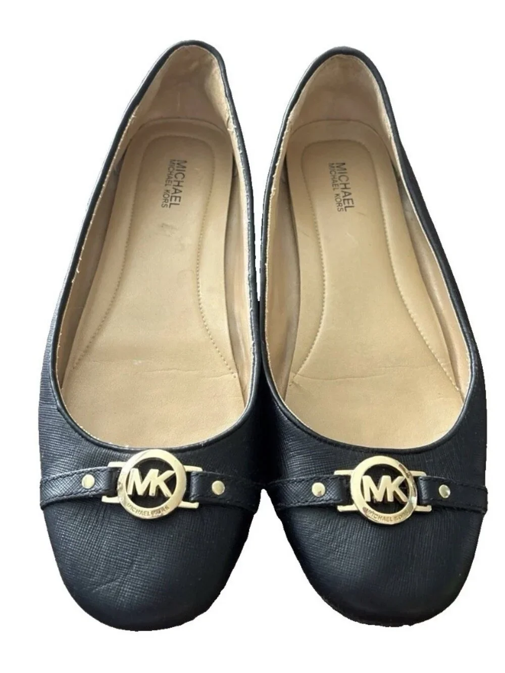 Michael Kors Fulton Black Sz 9 With Gold MK Logo Flats  Leather-READ